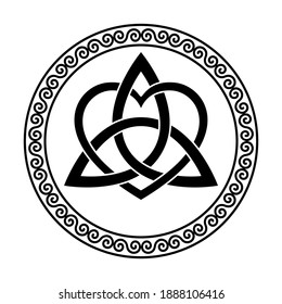 Triquetra with heart symbol, within a circular spiral frame. Celtic knot, triangular figure, used in ancient Christian ornamentation, surrounded by border, made of double spirals. Illustration. Vector