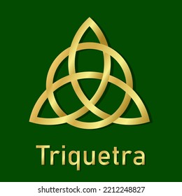 Triquetra icon. Celtic knot sign isolated on green background. Icon trefoil in gradient gold color. Scandinavian protective amulet. Banner with nordic tattoos. Vector illustration