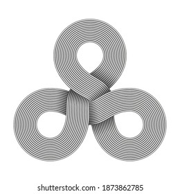 Triquetra knot sign made of three connected rings composed of metal wires. Modern stylization of celtic trinity symbol. Vector illustration isolated on white background.