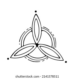 Triquetra line art. Celtic ancient symbol. Sacred sign in the form of a shamrock. Mysterious ritual triad. Hand drawn vector illustration. Religious Scandinavian symbols. Witch amulet.