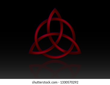 Triquetra logo, Trinity Knot, Wiccan symbol for protection. 3D Vector red Celtic trinity knot set isolated on black background. Wiccan divination symbol, Ancient occult symbols