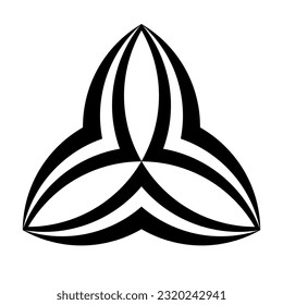 Triquetra shaped symbol. Three lenses or also Vesica piscis shapes, arranged in an equilateral triangle, enclosed by three wing-like arches, result in a sign that resembles a Celtic trefoil knot.