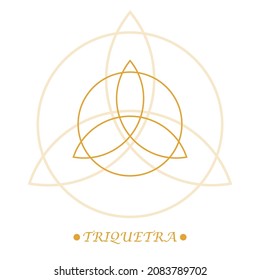 Triquetra sign, celtic knot icon. Line art. Celtic symbol of triangle in gold color on white background. Scandinavian protective amulet. Isolated pagan vector. Nordic tattoos. Vector illustration