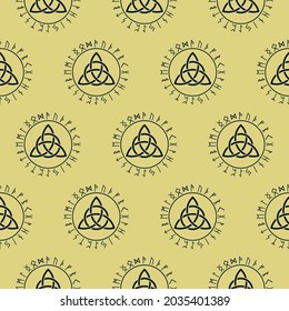 Triquetra sign, celtic knot logo. Seamless pattern. Scandinavian protective amulet. Viking runes. Pagan vector. Celtic symbol of triangle. Nordic tattoos. Vector illustration on yellow background