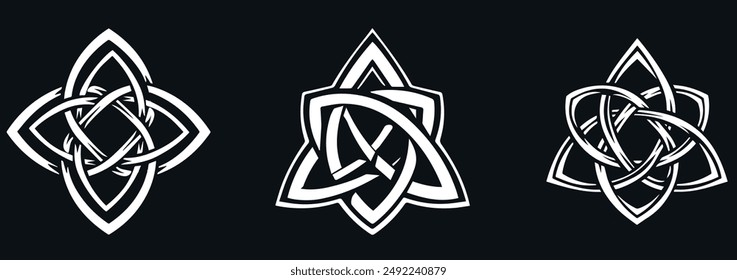 Triquetra sign icon. Set of intricate Celtic knot designs in black and white for tattoo or symbol art. Scandinavian or Celtic ornament. Vector illustration