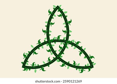 Triquetra symbol. Celtic trinity knot sign with floral decoration of leaves. Viking  pagan logo label. Vector illustration icon symbolizes three areas of body, psyche and spirit. Vintage background