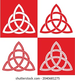 Triquetra symbol set, celtic knot logo. Scandinavian protective amulet. Pagan vector. Celtic symbol of triangle. Nordic tattoos. Line art. Isolated illustration on white background in red color