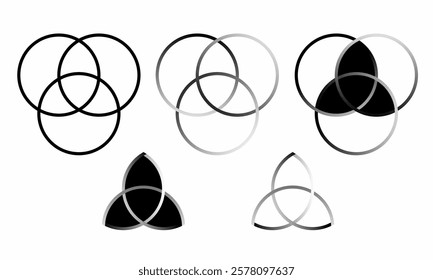 Triquetra symbols, sacred geometry vector, overlapping circles, spiritual esoteric design, mystical geometric pattern, black and white line art, vector icon