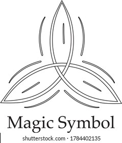 Triquetra trefoil celtic symbol in black on white background with Magic Symbol text.  Mystic symbol.