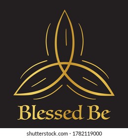 Triquetra trefoil celtic symbol in gold foil effect on black background with Blessed Be text.  Mystic symbol.