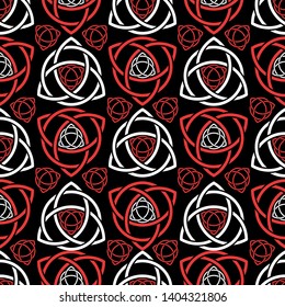 Triquetra trefoil seamless pattern red and white tone on black, vector illustration