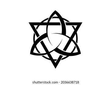 Triquetra with Triangle and Circle logo, Trinity Knot tattoo, Pagan Celtic symbol Triple Goddess. Wicca sign, book of shadows, Vector Wiccan divination isolated on white background 