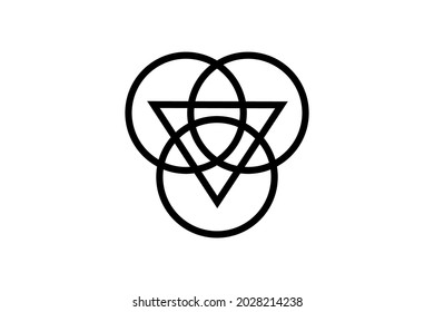 Triquetra with Triangle logo and overlapping circles, Trinity Knot tattoo, Pagan Celtic symbol Triple Goddess. Wicca sign, book of shadows, Vector Wiccan divination isolated on white background