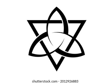 Triquetra with Triangle logo, Trinity Knot tattoo, Pagan Celtic symbol Triple Goddess. Wicca sign, book of shadows, Vector Wiccan divination isolated on white background 