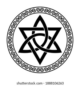 Triquetra with triangle within a circular spiral frame. Celtic knot, a triangular figure, used in ancient Christian ornamentation, surrounded by a border, made of double spirals. Illustration. Vector.
