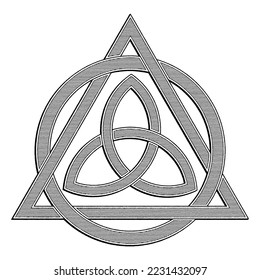 The Triquetra (Trinity Knot) with circle and triangle illustrated in a vintage woodcut style.  Celtic Trinity Knot.