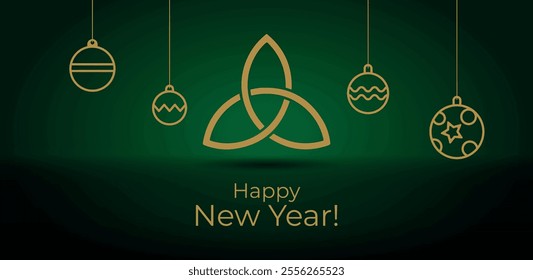 Triquetra, Trinity Knot, Pagan Celtic symbol. Vector illustration of Happy New Year and Merry Christmas card, newsletter.