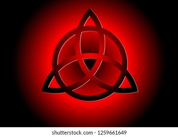 Triquetra, Trinity Knot, Wiccan symbol for protection. Vector Black Celtic trinity knot set isolated on black and red  background. Wiccan divination symbol, Ancient occult symbols