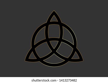 Triquetra, Trinity Knot, Wiccan símbolo de protección. La trinidad vectorial del Celta negro está decorada en oro aislado en fondo gris. Símbolo de adivinación Wicca, símbolos ocultos antiguos