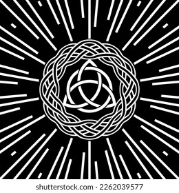 Triquetra, Trinity Knot, Wiccan symbol for protection. Vector white Celtic trinity knot set isolated on black background. Logo circle Wiccan divination symbol, Ancient tattoo occult symbols