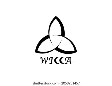 Triquetra Wicca logo, black line witchcraft sign magic print with text, vector isolated on a white background. Esoteric print template and wiccan symbol, magical creative concept 