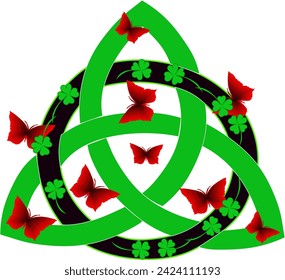 triquetra-circle-interlaced in black and green colors with clover leaves in the circle and many red butterflies