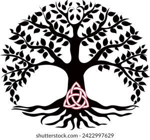 triquetra-circle-interlaced symbol in the tree Trunk of The Tree of Life symbol, black, red and white vector drawing