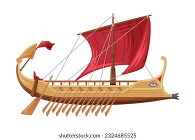 Trireme Ancient Vessel and Type of Galley as Greece Traditional Cultural Symbol Vector Illustration