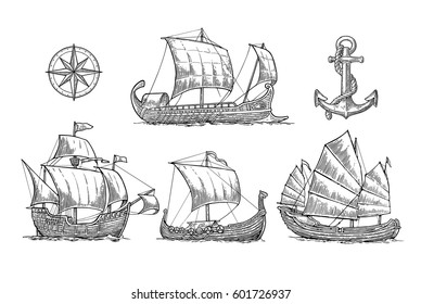 Trireme, caravel, drakkar, junk, anchor, compass rose. Set sailing ships floating on the sea waves. Vintage vector engraving illustration for poster, label, postmark. Isolated on white background.