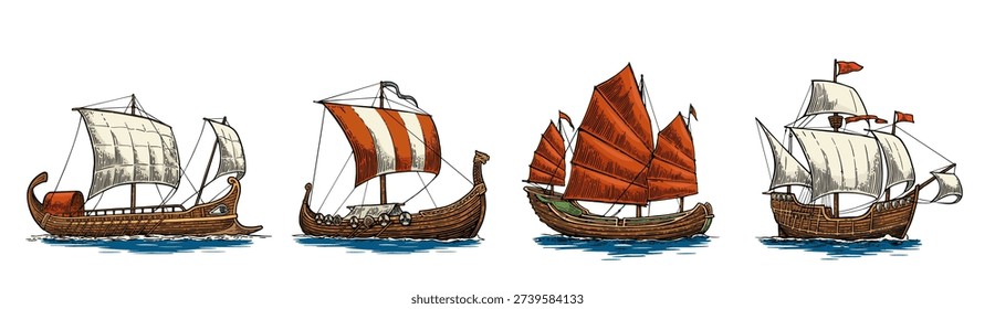 Trireme, caravel, drakkar, junk. Set sailing ships floating on the sea waves. Hand drawn design element. Vintage vector color engraving illustration for poster, postmark. Isolated on white.