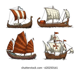 Trireme, caravel, drakkar, junk. Set sailing ships floating on the sea waves. Hand drawn design element. Vintage vector color engraving illustration for poster, postmark. Isolated on white background.