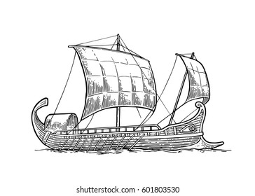 Trireme floating on the sea waves. Hand drawn design element sailing ship. Vintage vector engraving illustration for poster, label, postmark. Isolated on white background