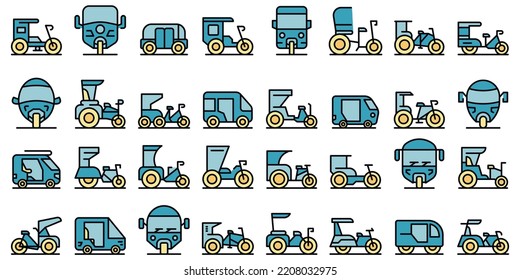 Trishaw icons set outline vector. Pedicab bicycle. Bike indian thin line color flat on white