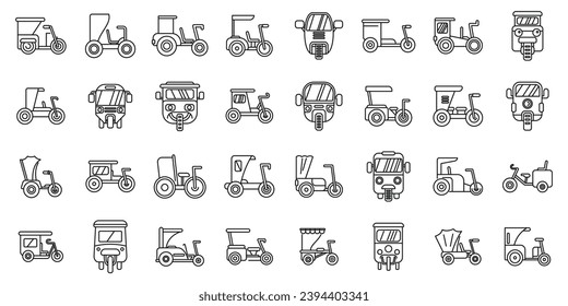 Trishaw icons set outline vector. Bike indian transport. Bicycle vehicle taxi