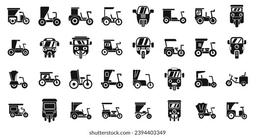 Trishaw icons set simple vector. Bike indian transport. Bicycle vehicle taxi