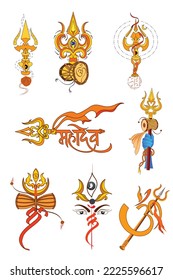 Trishul, Rudraksha, om and Mahadev calligraphy symbol tattoo arts in Eight variations for maha shivratri festival India