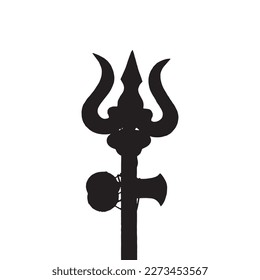 Trishul vector design. Lord shivas trident with damru icon. Black weapon of hindu god Mahadev with vector damaru drum.