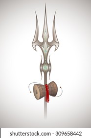 Trishula Weapon Of Lord Shiva, Hindu And Buddhist Religious Symbol And Damaru, Small Ritual Drum, Use Opacity Mask, Vector EPS 10