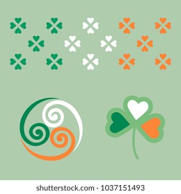 Triskel symbol four clover leaf motif pattern. Colorful green, white, orange decorative knotwork print for flyers, banners, posters, cards simplicity concept.