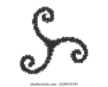 Triskele symbol in pixel style. Pixelated Triskelion isolated on white background. Style of 8-bit retro games from the 80s and 90s. Design for app, banner and poster. Vector illustration