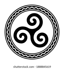 Triskele dentro de un marco de círculo con una línea ondulada blanca. Triskelion, símbolo antiguo y motivo formado por una espiral triple, que exhibe simetría rotacional. Ilustración aislada sobre blanco. Vector.