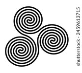 Triskelion, Neolithic triple-spiral symbol. Also known as triskele, an ancient motif of a triple spiral volute, exhibiting rotational symmetry, Archimedean spirals of two arms, seamlessly conjoined.