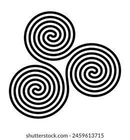 Triskelion, Neolithic triple-spiral symbol. Also known as triskele, an ancient motif of a triple spiral volute, exhibiting rotational symmetry, Archimedean spirals of two arms, seamlessly conjoined.