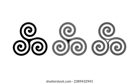 Ilustración de las acciones de Triskelion, siluetas negras, un símbolo antiguo con tres espirales interbloqueadas, representando varios conceptos en diferentes culturas