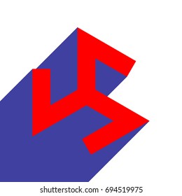 Triskelion symbol. Ancient. Vector. Red flat style icon with dark blue long shadow on white background.