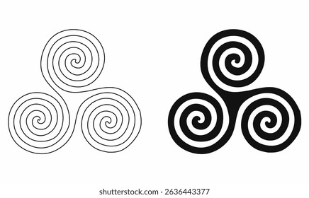  triskelion symbol vector in outline and solid styles, used for ancient culture, spirituality, tattoos, logo design, tribal art, and decorative ornament.