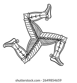 Triskelion of three bent human legs in armor. Triskele motif, a triple leg, appearing to run and hint clockwise movement. Symbol since Hellenistic period, used in Isle of Man flag and coat of arms.