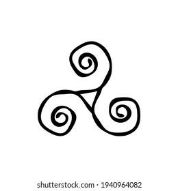 Triskelion or Triskele spiral triangle hand drawn shabby symbol. Breton and celtic original sign. Vector illustration isolated on white.