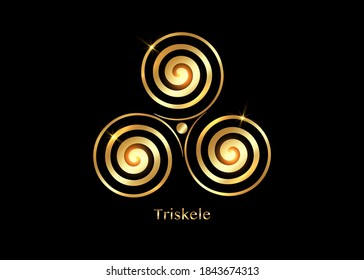 Símbolo de Triskelion o triskele. Señal sagrada celta de la triple espiral dorada. Diseño del logo de los símbolos de fertilidad de Wiccan. Tatuaje de impresión de lujo ilustración vectorial dorada aislada en fondo negro 