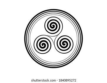 Triskelion or triskele symbol. Triple spiral Celtic sign. Wiccan fertility symbol round logo design. Art print tattoo simple flat black vector illustration isolated on white background 